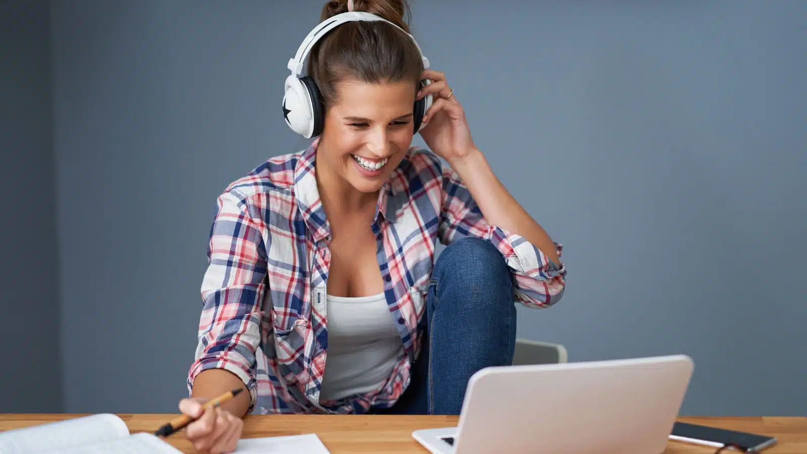 smiling female working online