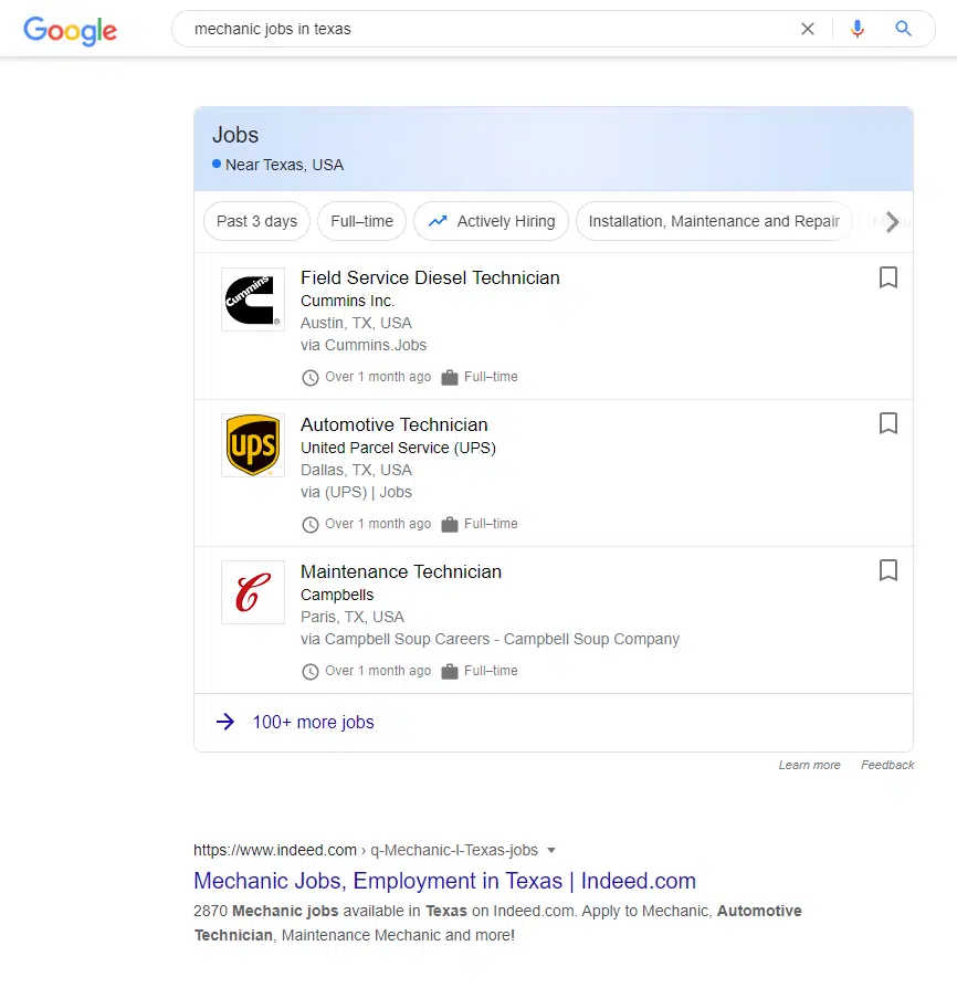 a screenshot of Google for Jobs with a search result for Indeed underneath it