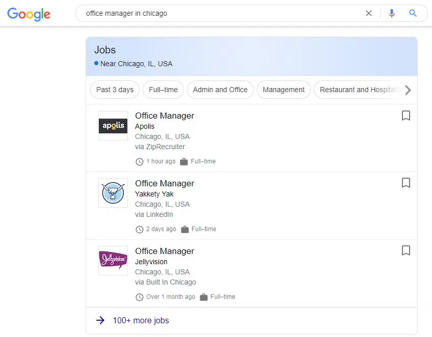 a screenshot of job postings as they appear on Google