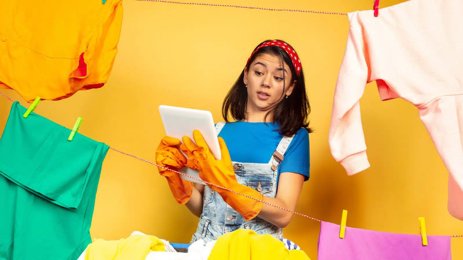 frantic woman overwhelmed with laundry on yellow background