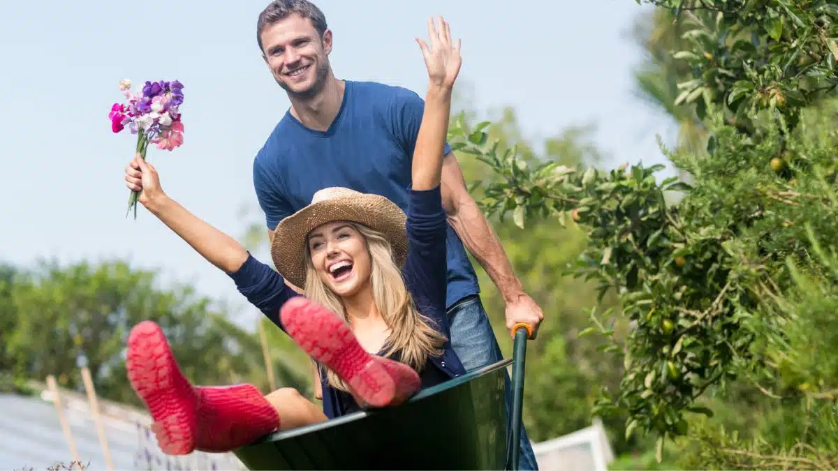 couple gardening, husband pushing wife in wheelbarrow 