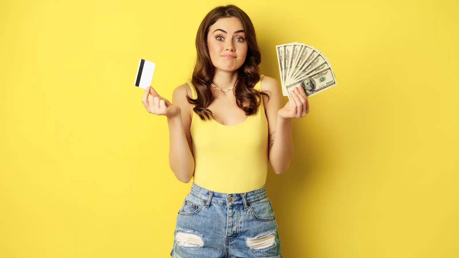 young woman holding cash in one hand and a credit card in the other