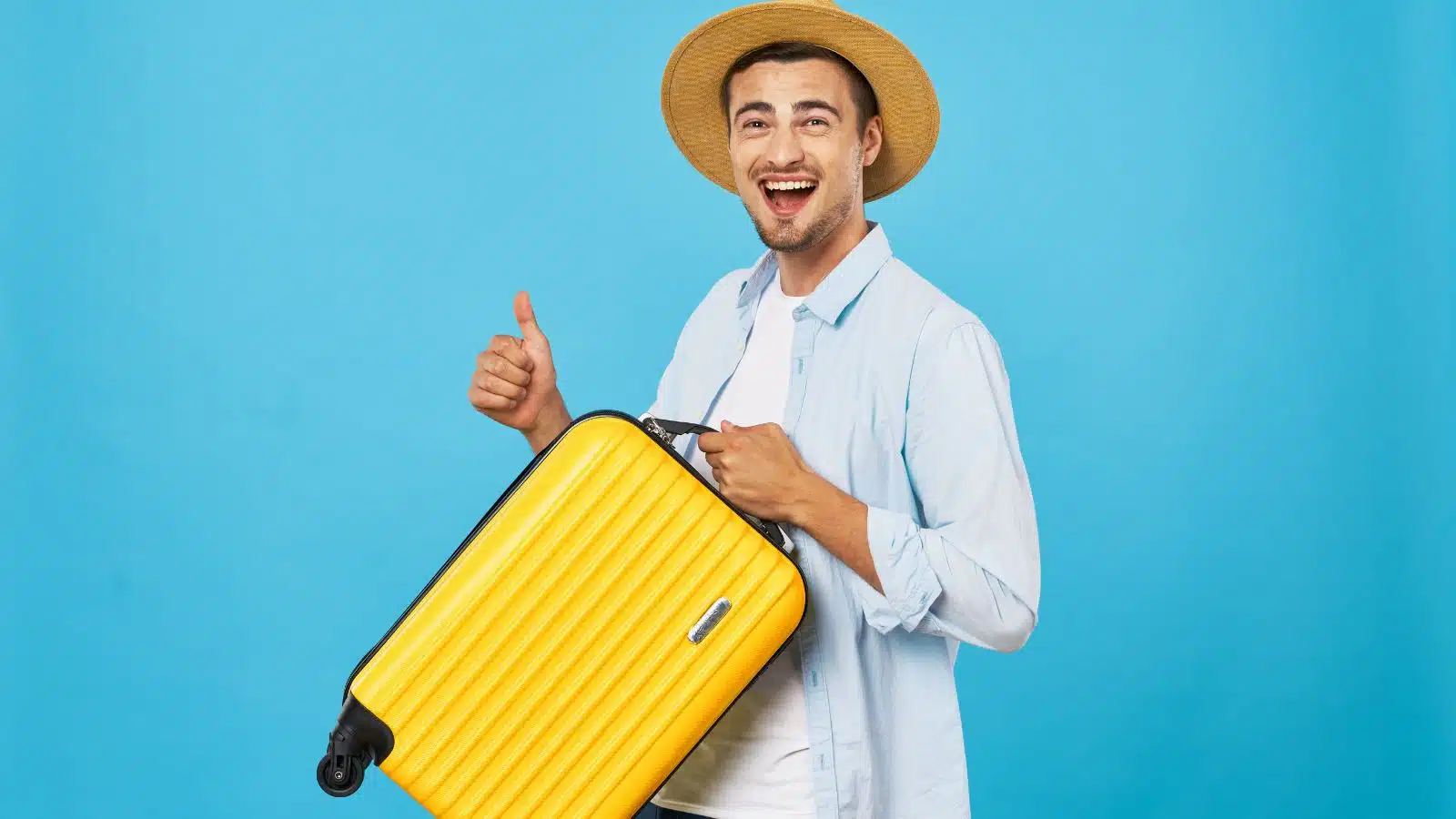 happy expat man with suitcase