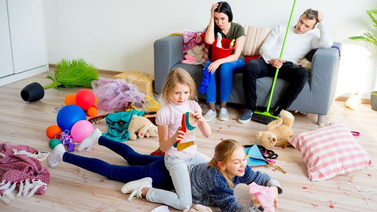 messy home with stressed parents