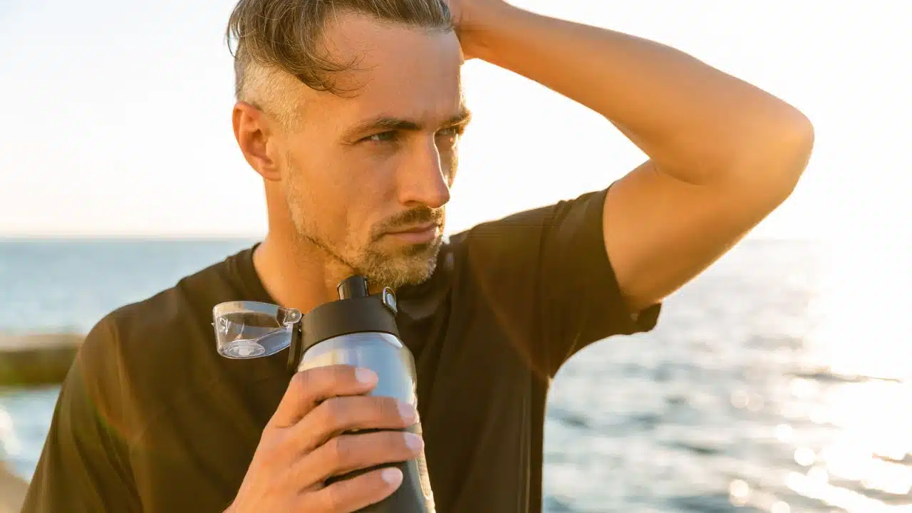 man with water bottle next to the coast