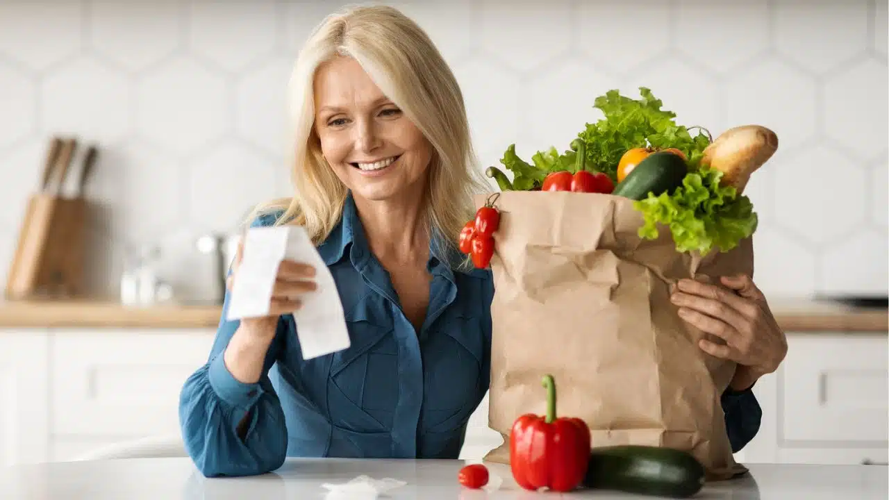 happy woman looking at grocery receipt smiling in her kitchen