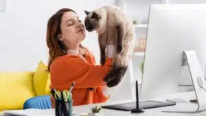 woman working from home distracted by cat