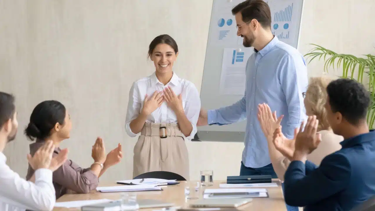 happy young new employee being introduced to team