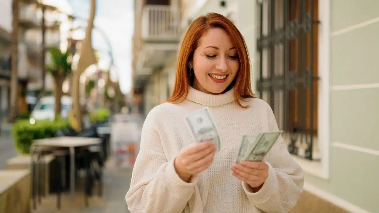 young woman counting money walking down the street