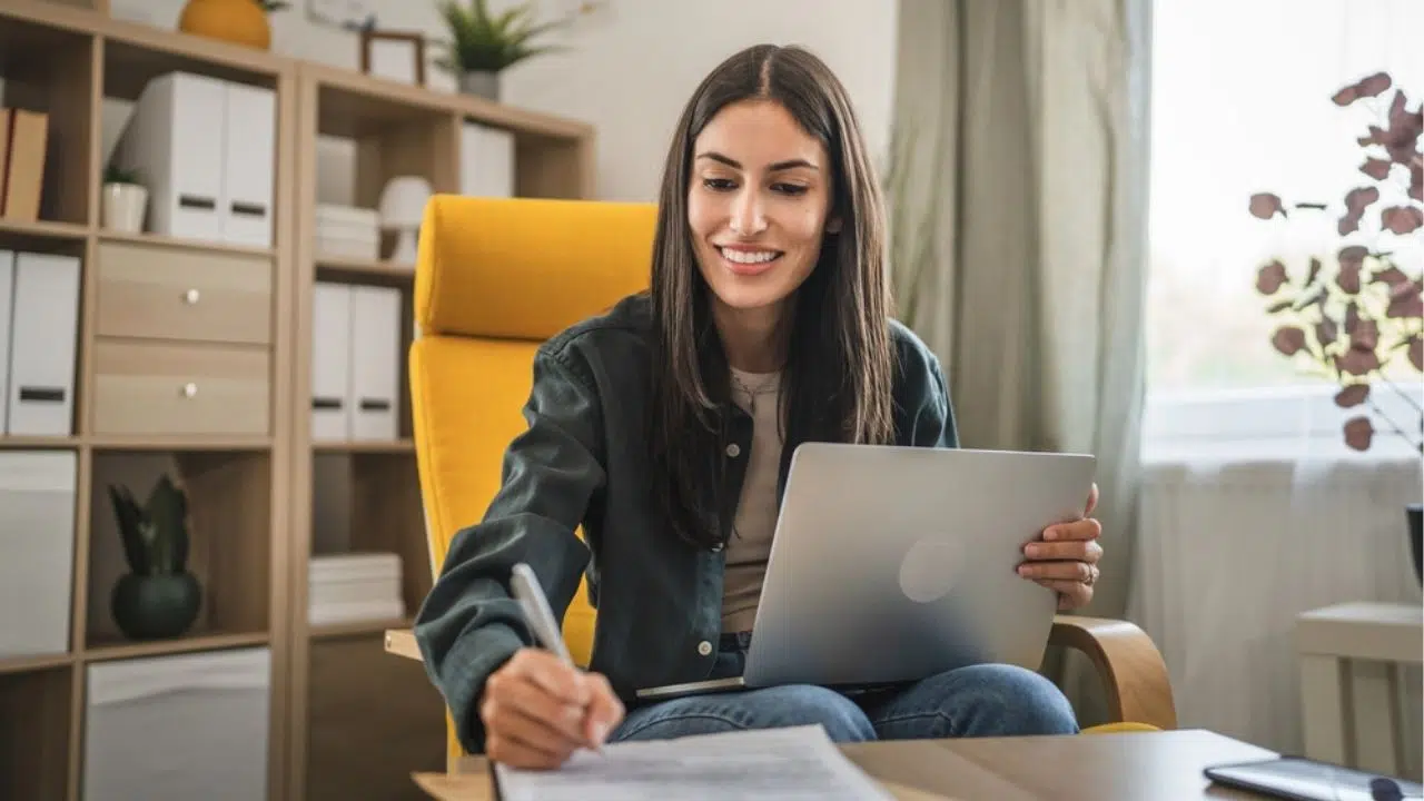 happy woman in home office with paperwork